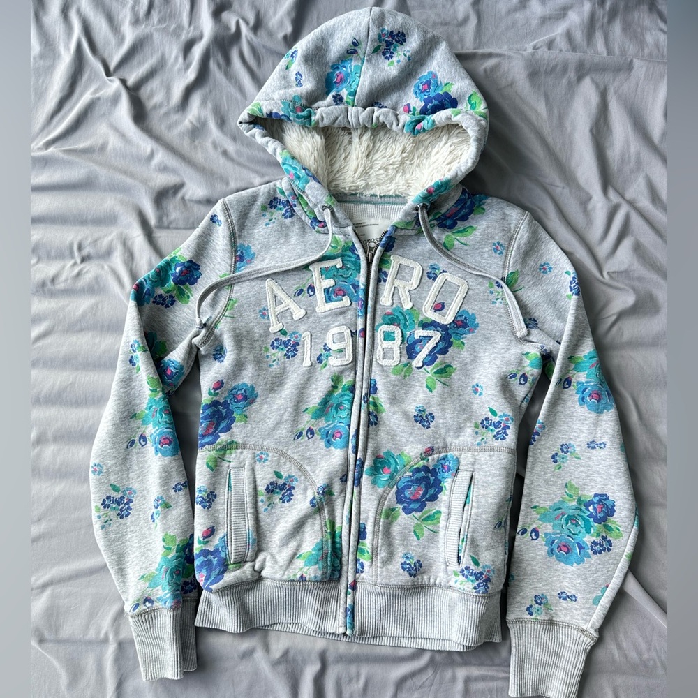 Y2K Aeropostale 1987 Sherpa fur Lined Floral Full Zip Hoodie